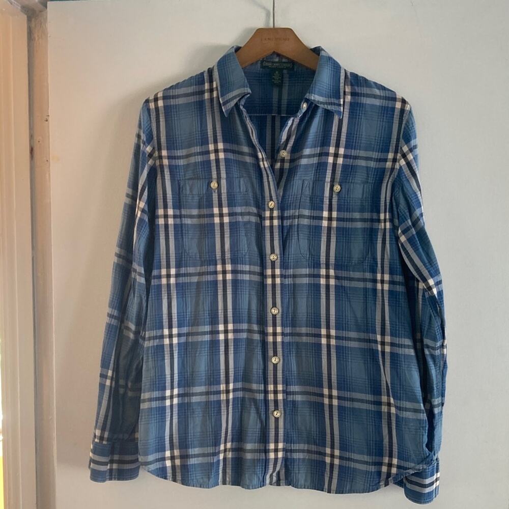 Ralph Lauren Womens Size M Vintage Cotton Button Up Blue Plaid Shirt Long Sleeve